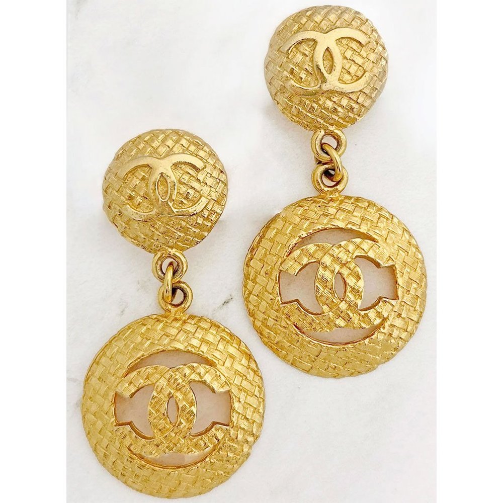 Rare Vintage CHANEL CC Woven Clip-On DropEarrings Gold Tone Excellent Condition